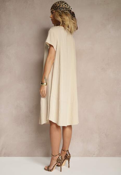 Beżowa Sukienka z Wiskozy o Rozkloszowanym Kroju Irisena