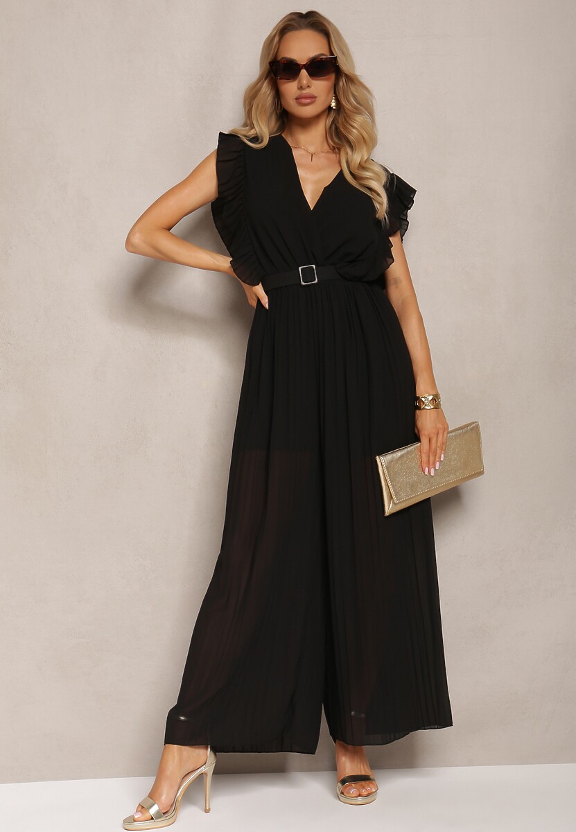 Czarny Plisowany Kombinezon z Falbankami i Szerokimi Nogawkami Jarina