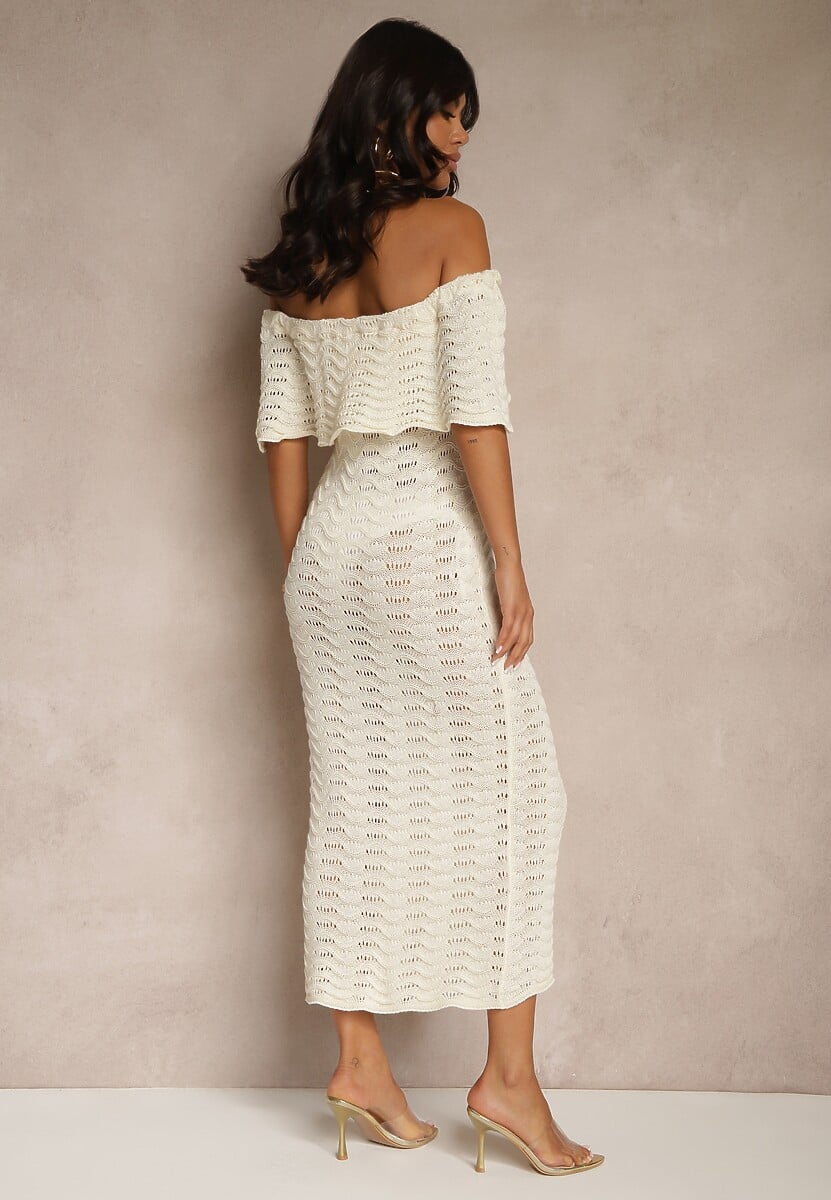 Beżowa Sukienka Hiszpanka z Ażurowej Tkaniny z Ozdobnym Dekoltem Filadella