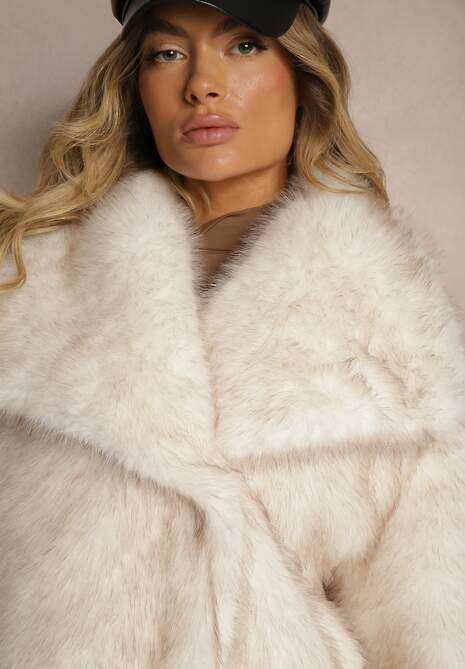 Jasnobeżowa Elegancka Kurtka Futerko z Kołnierzem Vertirida