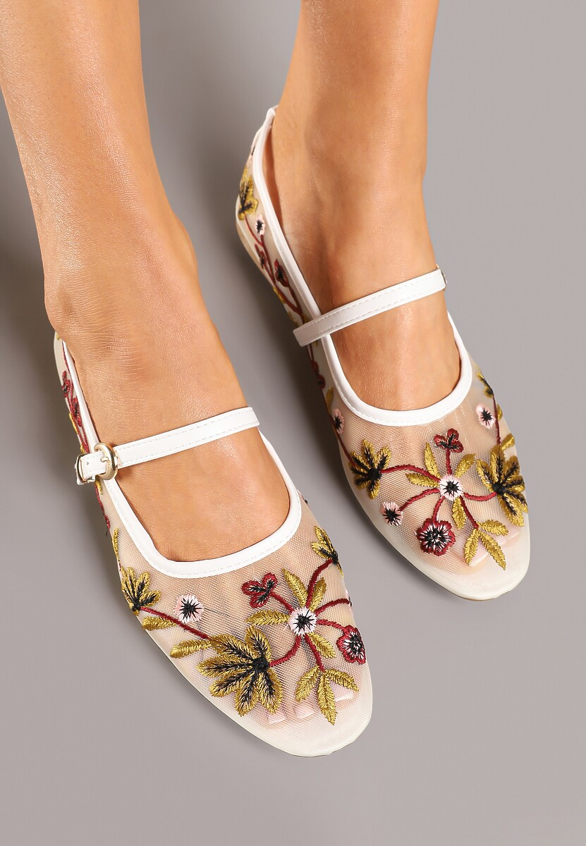 Białe Siateczkowe Balerinki z Florystycznym Haftem i Paskiem na Sprzączkę Danirna