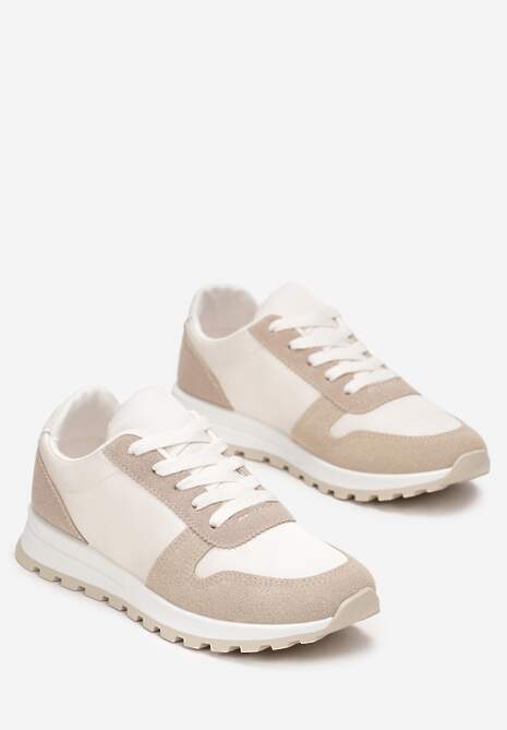 Biało-Ciemnobeżowe Sznurowane Sneakersy na Płaskiej Podeszwie z Wycięciami i Wstawkami Zaylynn