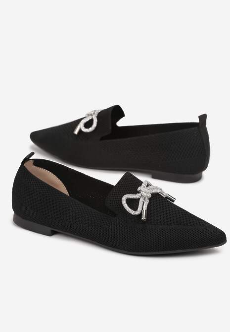 Czarne Balerinki na Płaskiej Podeszwie z Kokardką z Cyrkonii Preslia