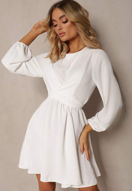Biała Sukienka Rozkloszowana z Gumką w Pasie Thelo