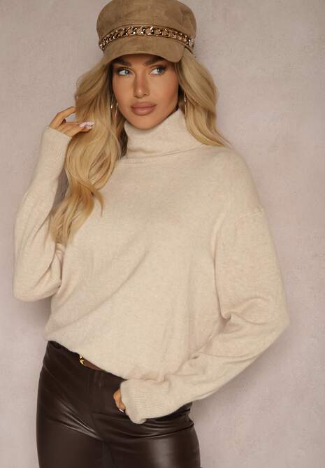 Beżowy Prążkowany Golf z Kaszmirem z Obniżoną Linią Ramion Nerolina