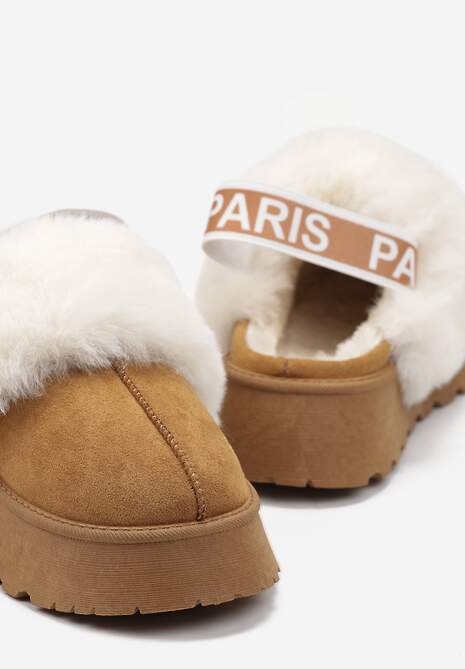 Brązowe Kapcie na Platformie Ozdobione Futerkiem i z Gumką Przy Pięcie Titanra
