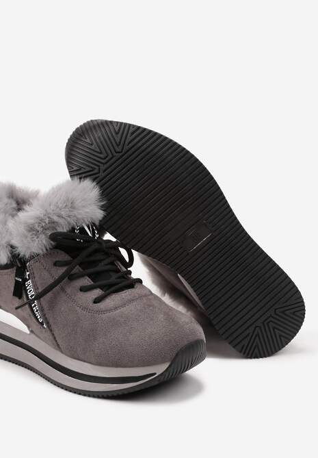 Szare Sneakersy na Płaskiej Podeszwie z Napisem i Futerkiem Taricea