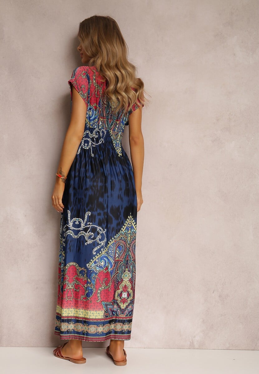 Granatowa Sukienka o Kopertowym Kroju w Ornamentalny Print Nalori