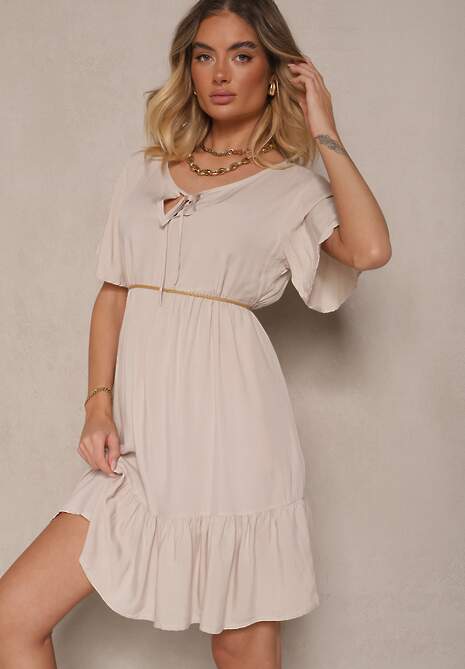 Jasnobeżowa Bawełniana Sukienka Rozkloszowana z Wiązaniem przy Dekolcie Mepova