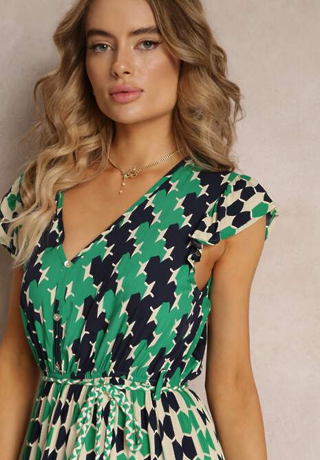 Zielona Wiskozowa Sukienka Maxi z Gumką w Talii i Falbankami przy Ramionach Baldise