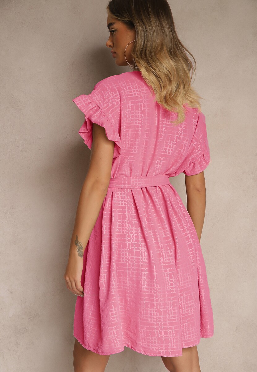Fuksjowa Sukienka z Paskiem i Falbankami przy Rękawach Folunelle