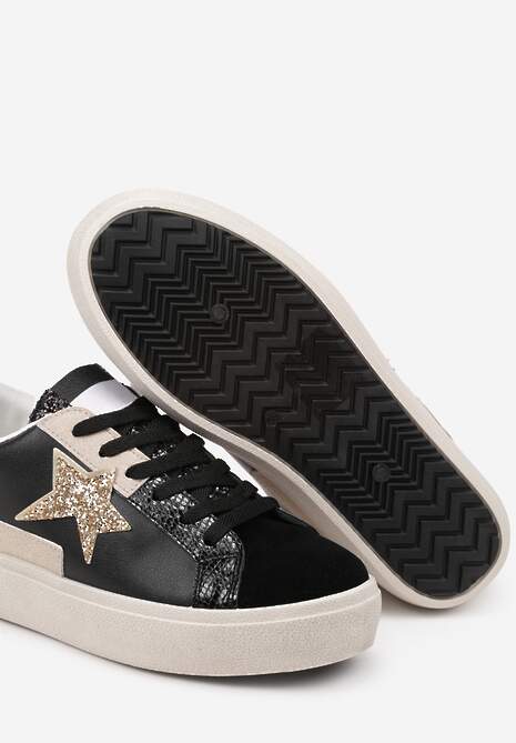 Czarne Sneakersy na Niskiej Platformie z Brokatowymi Zdobieniami Felaven