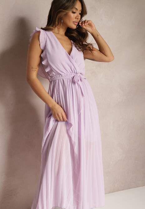 Jasnofioletowa Wiskozowa Sukienka Maxi z Plisowaniem o Rozkloszowanym Kroju i Kopertowym Dekolcie Fliceris