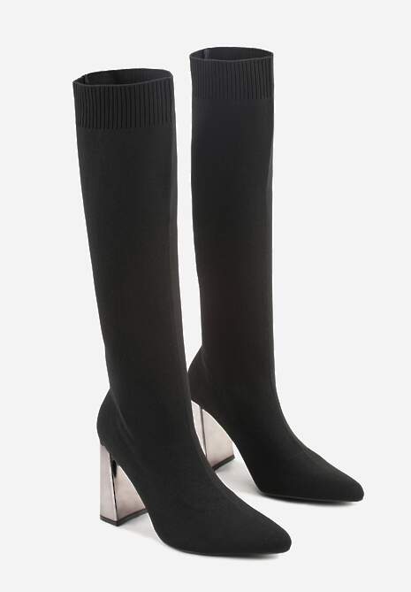 Czarne Skarpetkowe Kozaki Vices na Słupku z Metalicznym Połyskiem Tuvitte