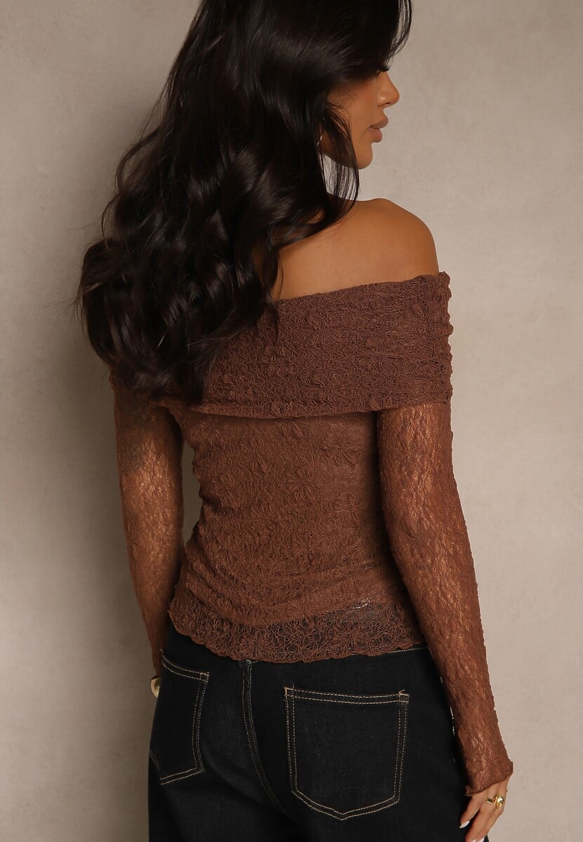 Brązowa Bluzka Longsleeve z Koronki z Odkrytymi Ramionami Unarda