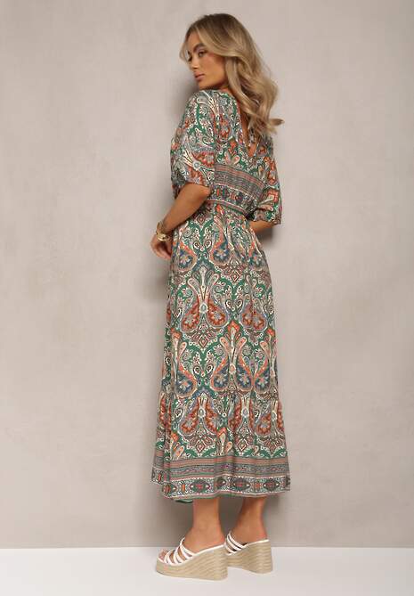 Zielono-Brązowa Wiskozowa Sukienka Maxi z Gumką w Pasie Ozdobiona Wzorem Paisley Larite