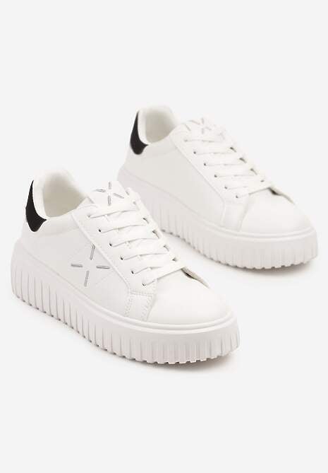 Biało-Czarne Sneakersy na Platformie z Tłoczeniem i Brokatową Wstawką Nuselin