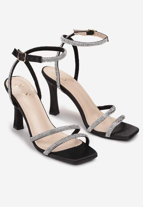 Czarne Sandały na Szpilce ze Sprzączką i Cyrkoniami Aintha