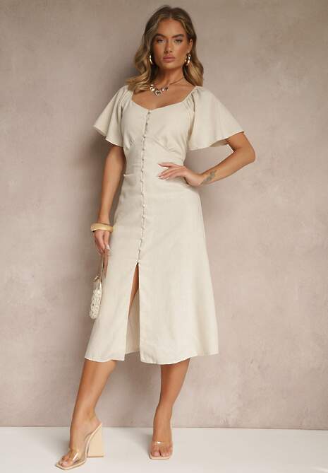 Beżowa Bawełniana Sukienka z Wiązaniem i Guzikami Kolarissa