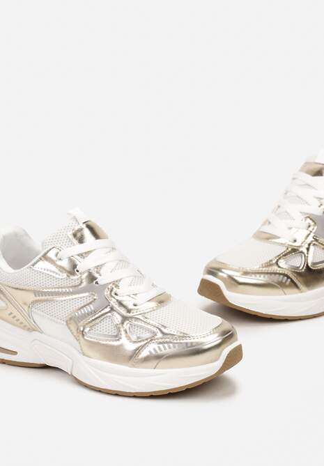 Biało-Złote Sneakersy ze Wstawkami z Ekoskóry na Grubej Podeszwie Elperna