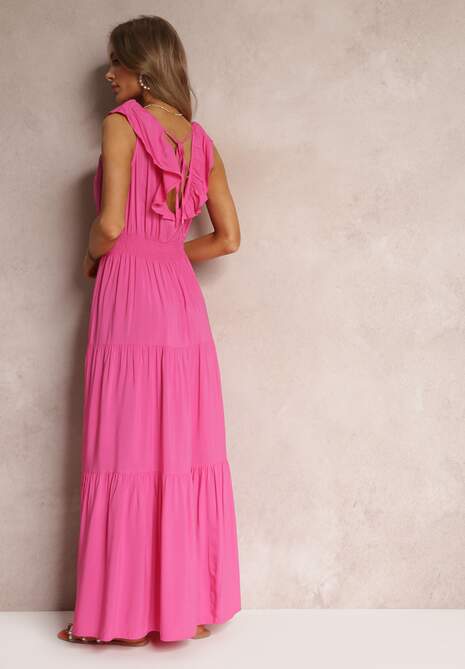 Fuksjowa Rozkloszowana Sukienka Maxi z Gumką w Talii i Falbanką Laylani