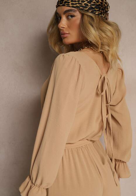 Beżowy Casualowy Kombinezon z Paskiem i Gumką w Pasie Wiązany na Plecach Melodette