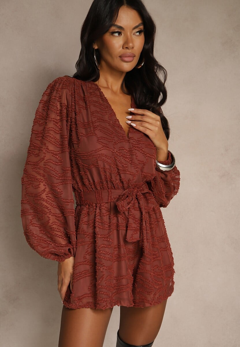 Brązowy Siateczkowy Kombinezon z Wiązanym Paskiem i Krótkimi Nogawkami Zenelle