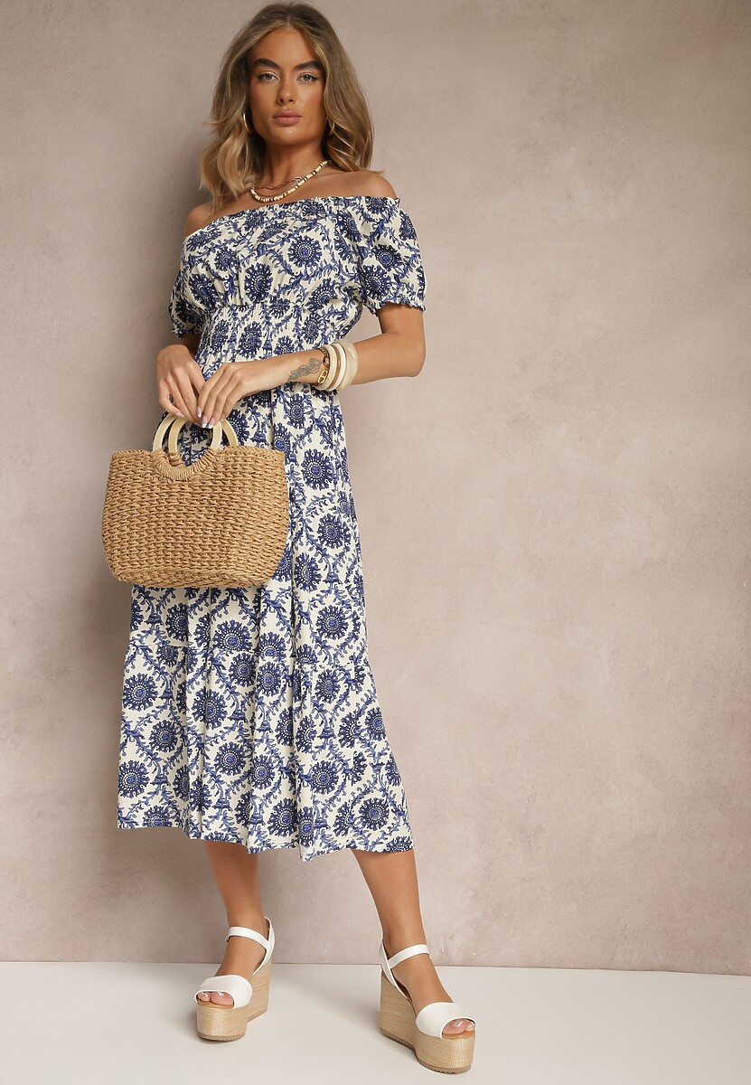 Niebieska Sukienka z Bawełną Ozdobiona Bufiastymi Rękawami Revalle