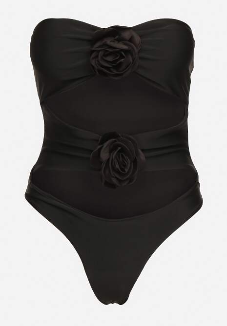 Czarny Strój Kąpielowy Jednoczęściowy z Usztywnionymi Miseczkami Kwiatami 3D i Wycięciami Irisfay