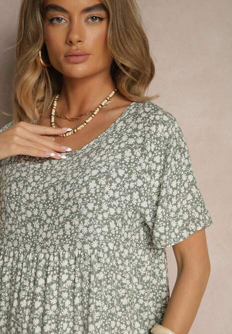 Zielona Rozkloszowana Sukienka z Bawełną w Kwiaty Mevazia