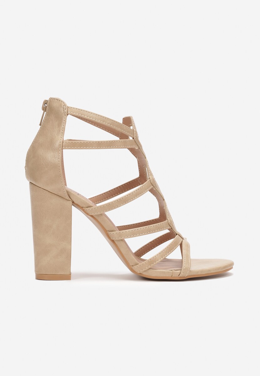 Beżowe Sandały na Słupku z Paskami Ocotia