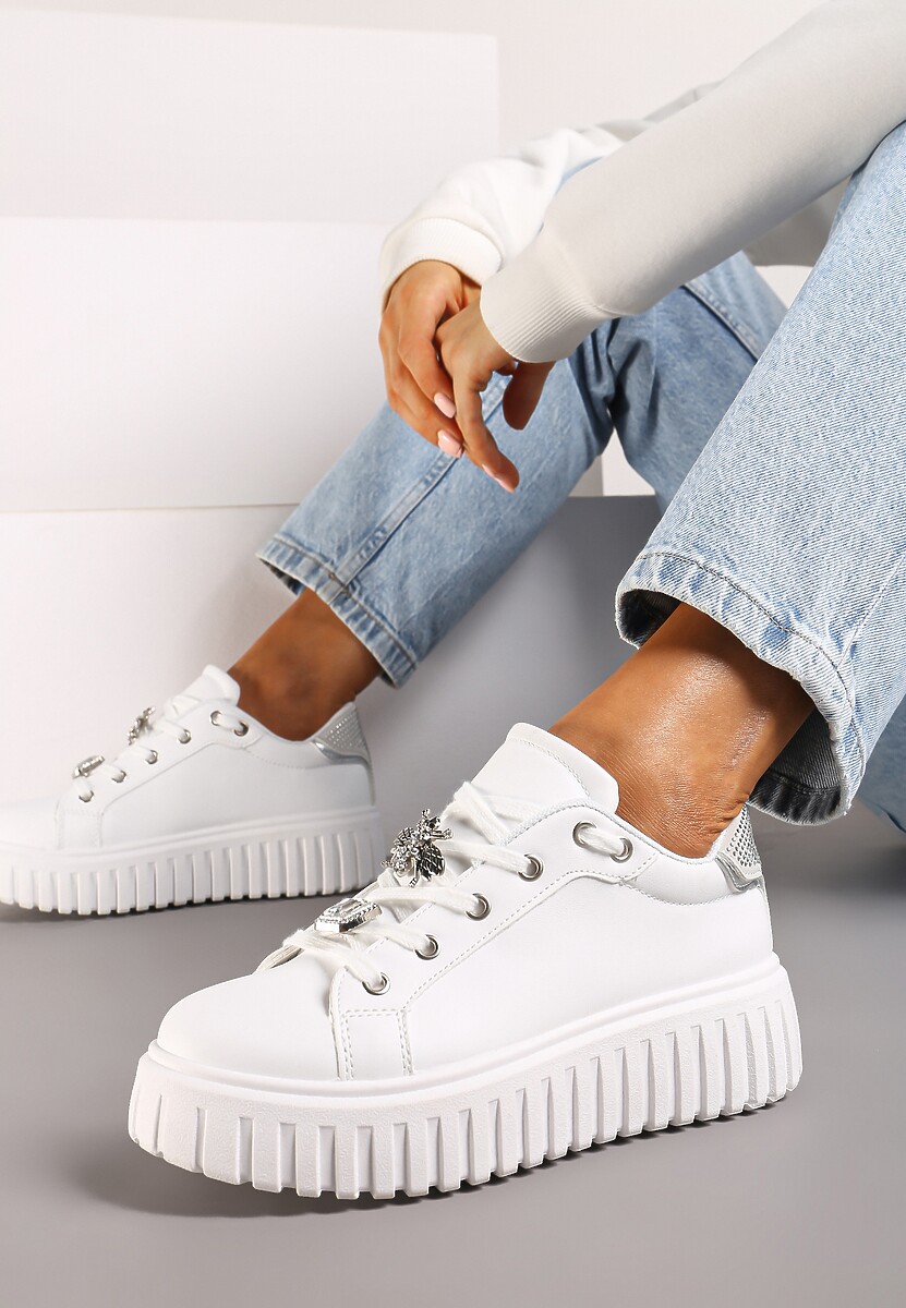 Biało-Czarne Sneakersy na Platformie Ozdobione Metaliczną Wstawką i Aplikacjami z Cyrkonii Qulina