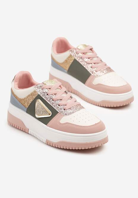 Różowo-Zielone Sneakersy z Perforacją Cyrkoniami i Brokatem Tillidara