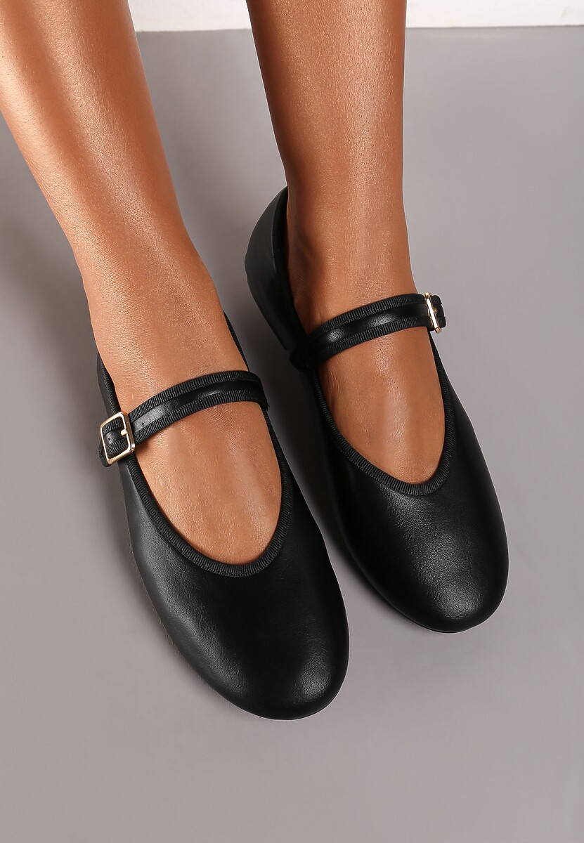 Czarne Balerinki na Płaskiej Podeszwie Zapinane na Sprzączkę Sedela