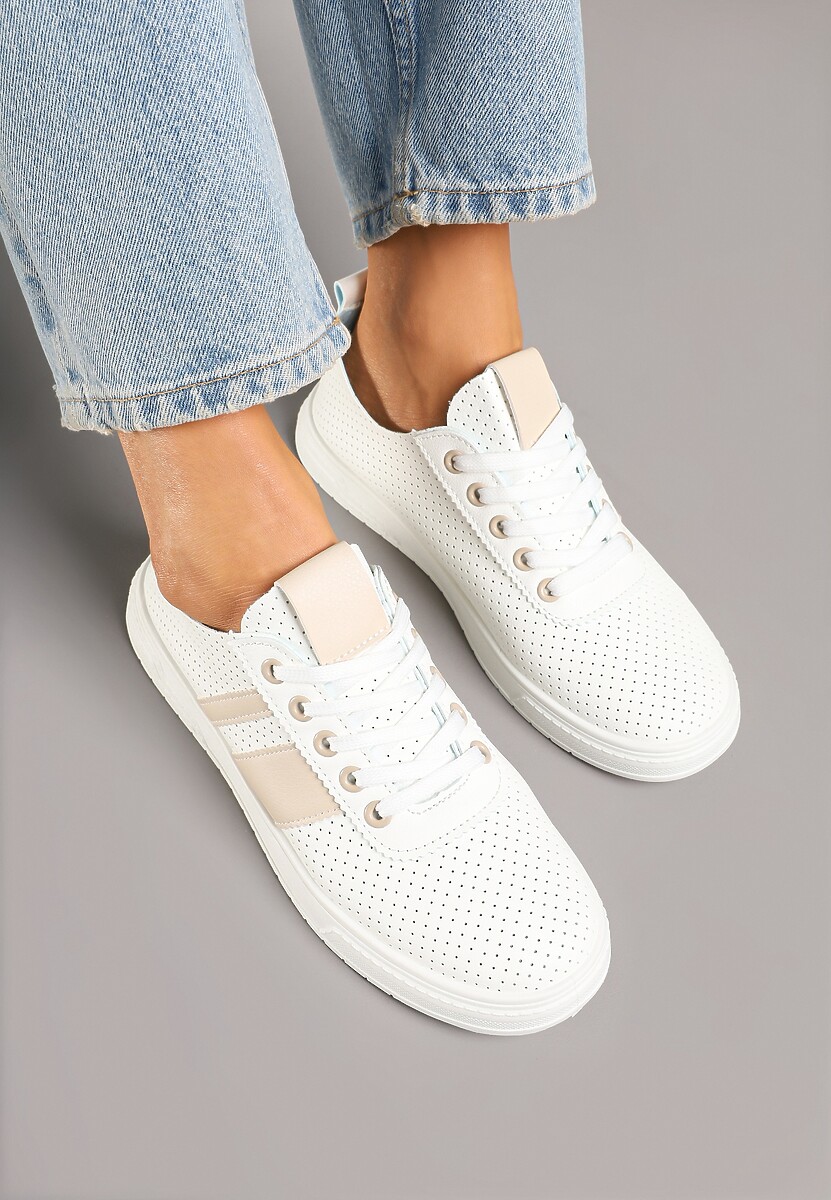 Beżowo-Białe Tenisówki Ozdobione Paskami Meloti