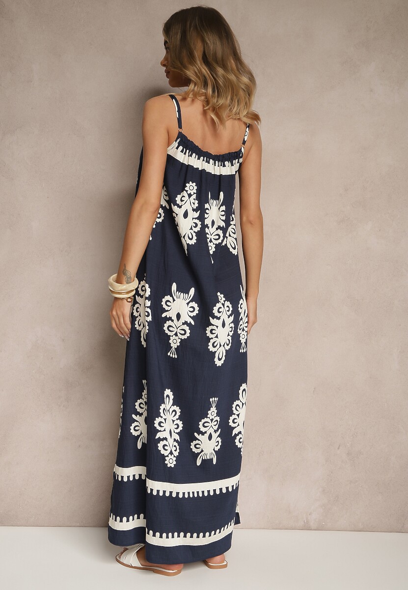 Granatowa Rozkloszowana Sukienka na Ramiączkach w Ornamentalny Print Reveleine