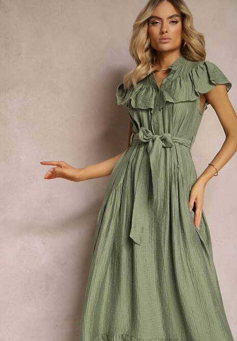 Zielona Sukienka z Materiałowym Paskiem i Wiskozą Wykończona Guzikami i Falbanką Hanesi
