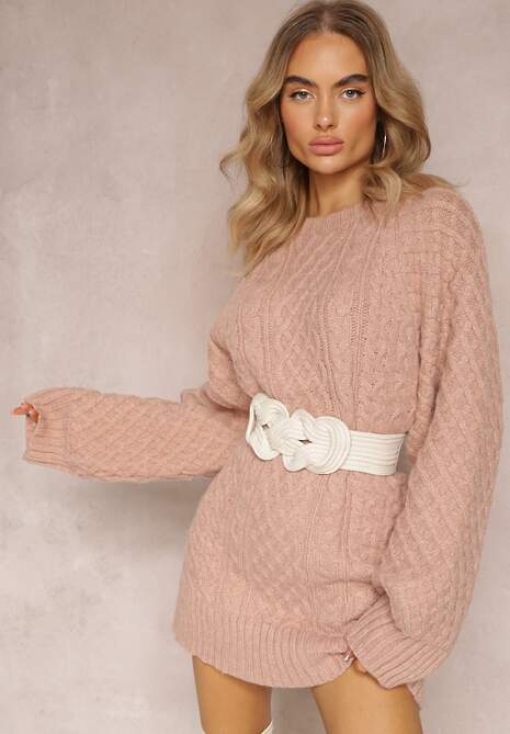 Różowy Długi Sweter Ozdobiony Drobnym Splotem Killoe