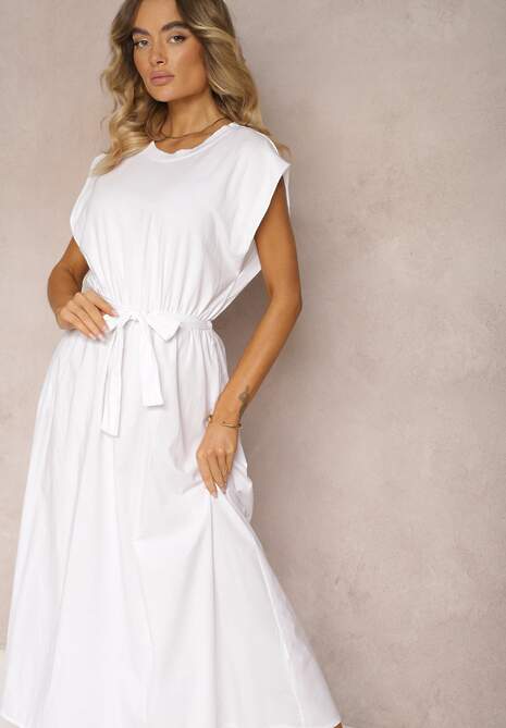 Biała Rozkloszowana Sukienka z Bawełny Przewiązana Paskiem Wlasis