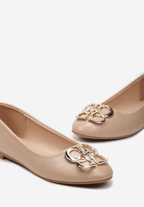 Beżowe Balerinki Klasyczne Wsuwane ze Złotą Ozdobą z Metalu Tarins
