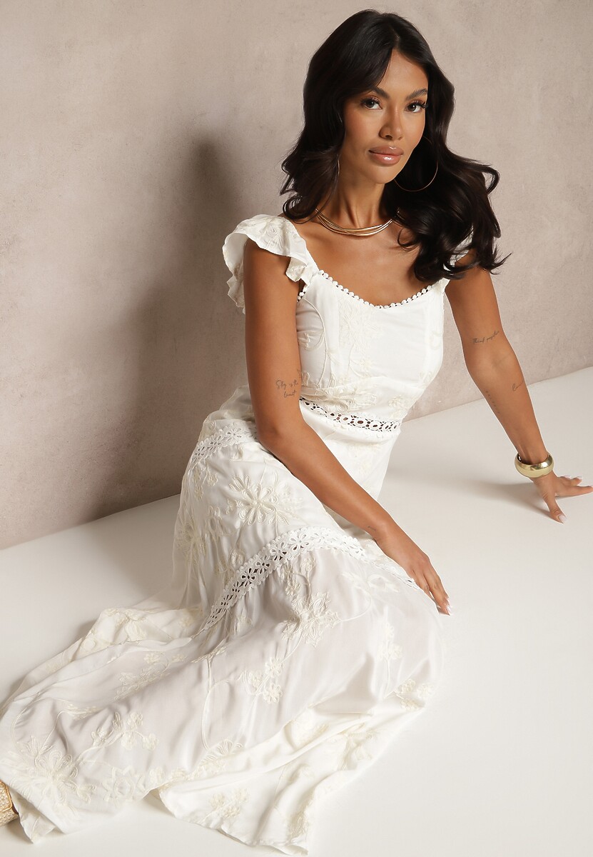 Biała Rozkloszowana Sukienka z Wiskozy z Haftami Lumirieve