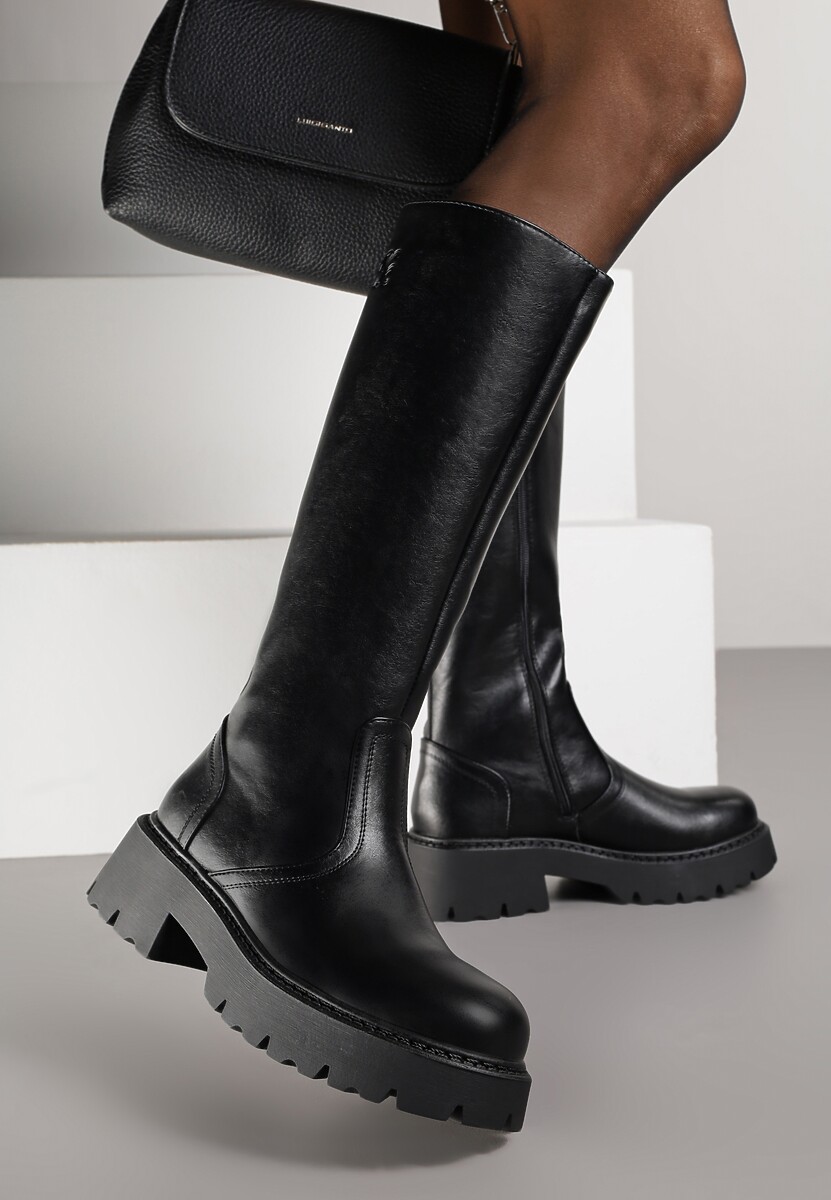 Czarne Kozaki VICES na Platformie z Tłoczonym Zdobieniem przy Cholewce Uniresa