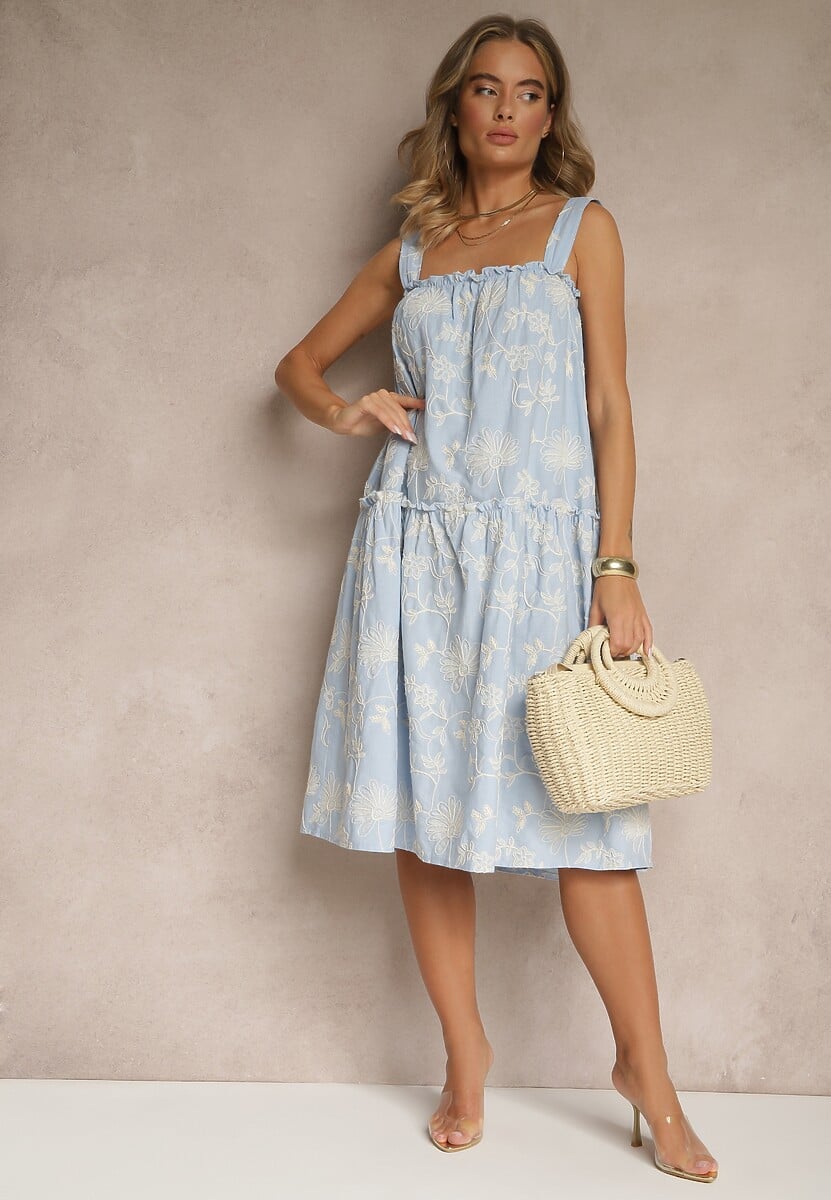 Niebieska Kwiatowa Sukienka z Bawełny z Haftami Lilurine