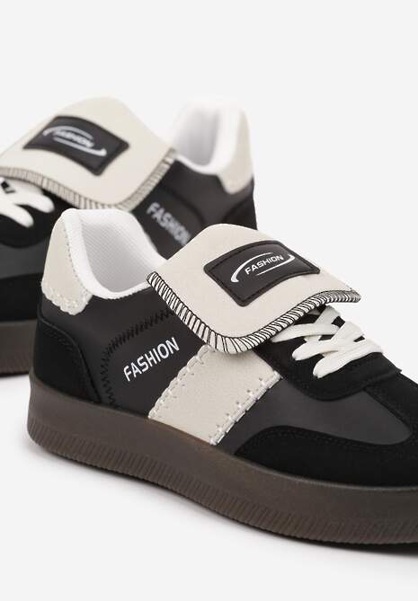 Czarne Sneakersy na Platformie z Kontrastującymi Detalami i Wywiniętym Językiem Amirila