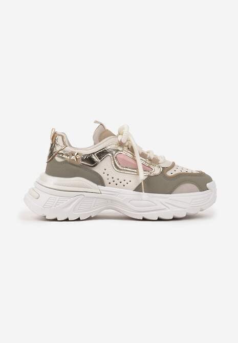 Beżowo-Zielone Sneakersy Streetwearowe na Grubej Podeszwie Waniffia