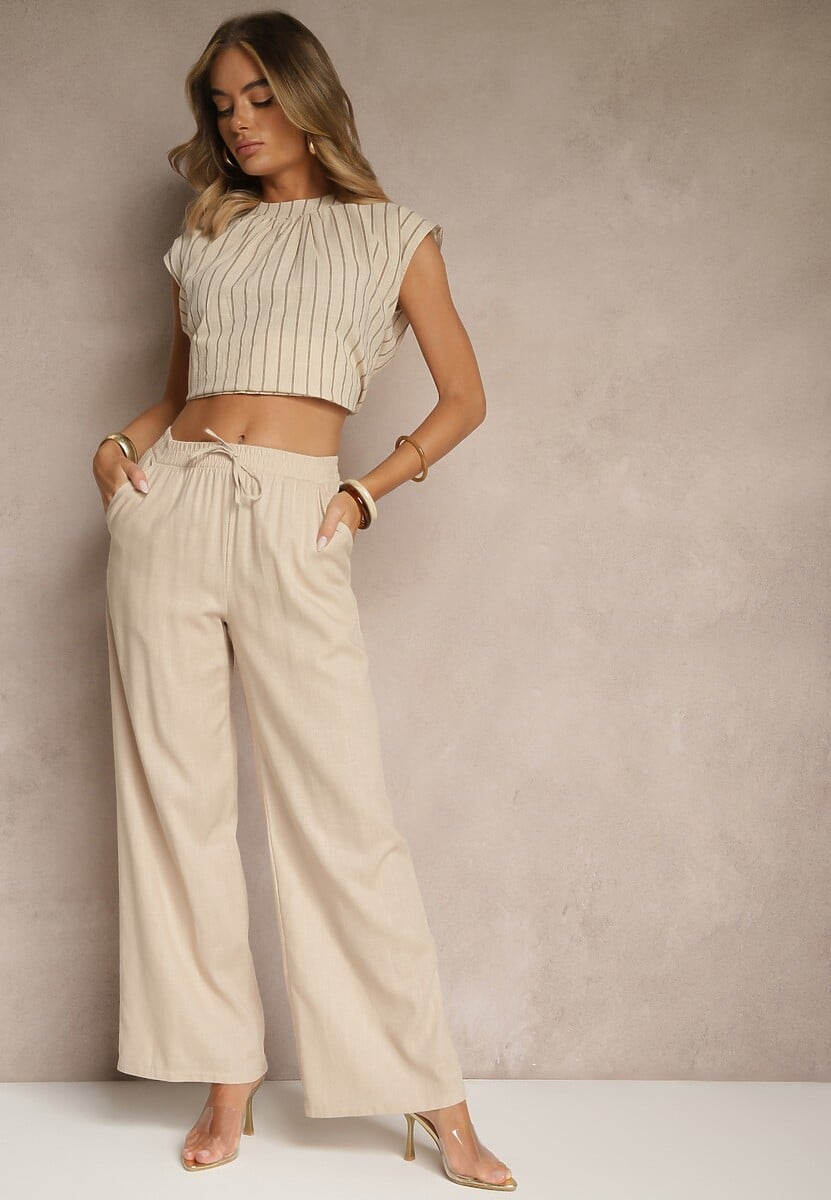 Białe Spodnie z Lnem o Szerokim Kroju z Gumką w Talii Filarive