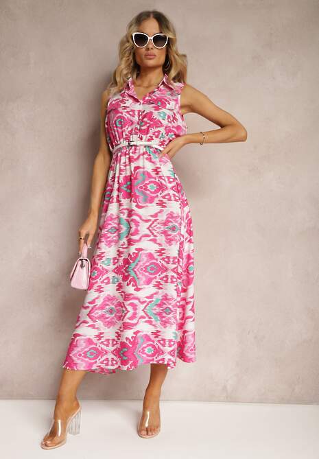 Różowa Rozkloszowana Sukienka z Ozdobnymi Naszyciami na Dekolcie w Abstrakcyjni Print Flubia