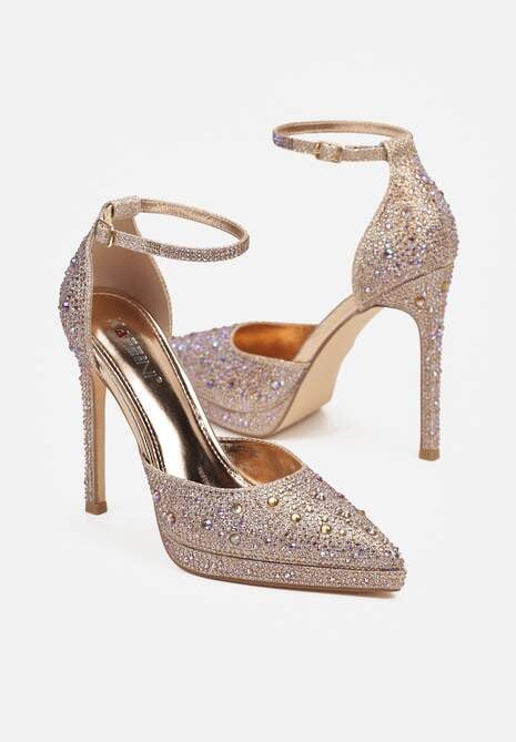 Szampańskie Brokatowe Szpilki Ozdobione Cyrkoniami Zapinane Wokół Kostki Nelefia