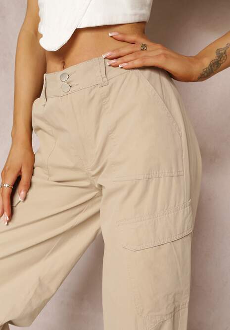 Ciemnobeżowe Bawełniane Spodnie z Gumeczkami Przy Nogawkach Moye