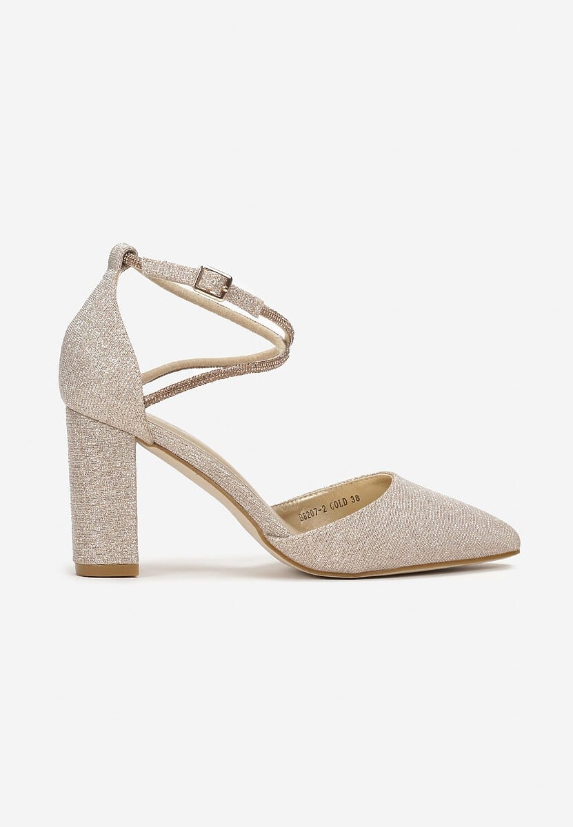 Złote Czółenka Brokatowe na Słupku z Paskiem z Cyrkoniami Keshe